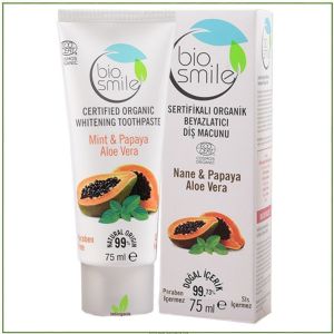 Biosmile Organik Sertifikalı Beyazlatıcı Diş Macunu Papaya-Nane-Aloe Vera 75 ml (BAMBU DİŞ FIRÇASI HEDİYELİ)